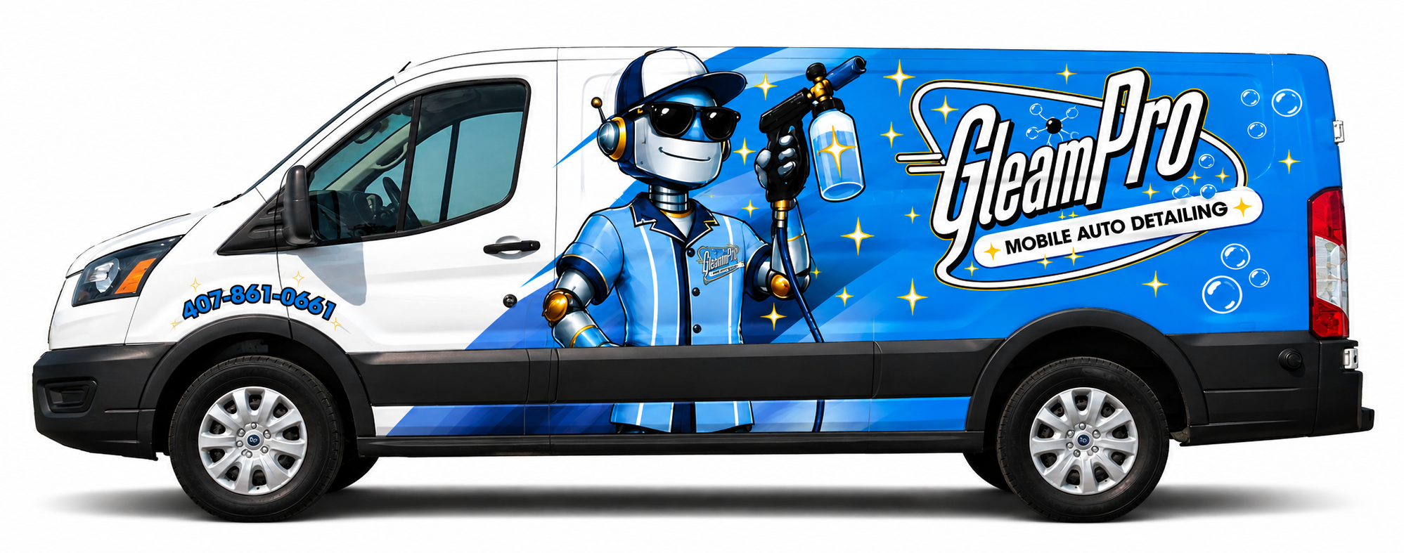 Gleam Pro branded mobile detailing van with robot detailer